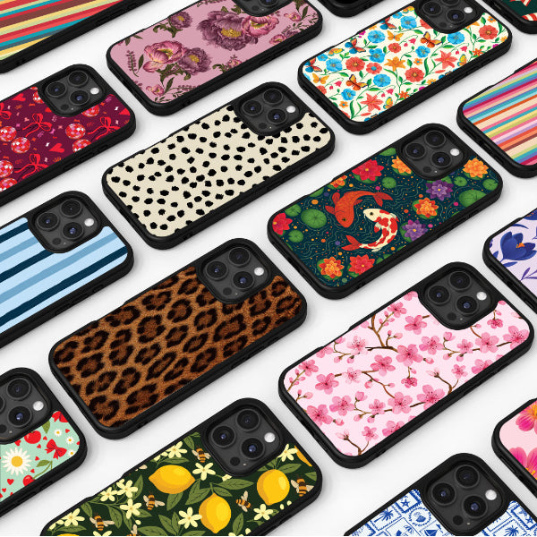 Collection of various patterned phone cases on a white background