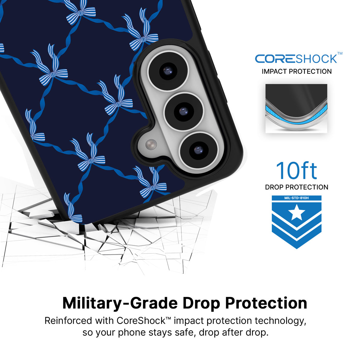 Azure Elegance Samsung Galaxy S26 case with 10ft military-grade drop protection