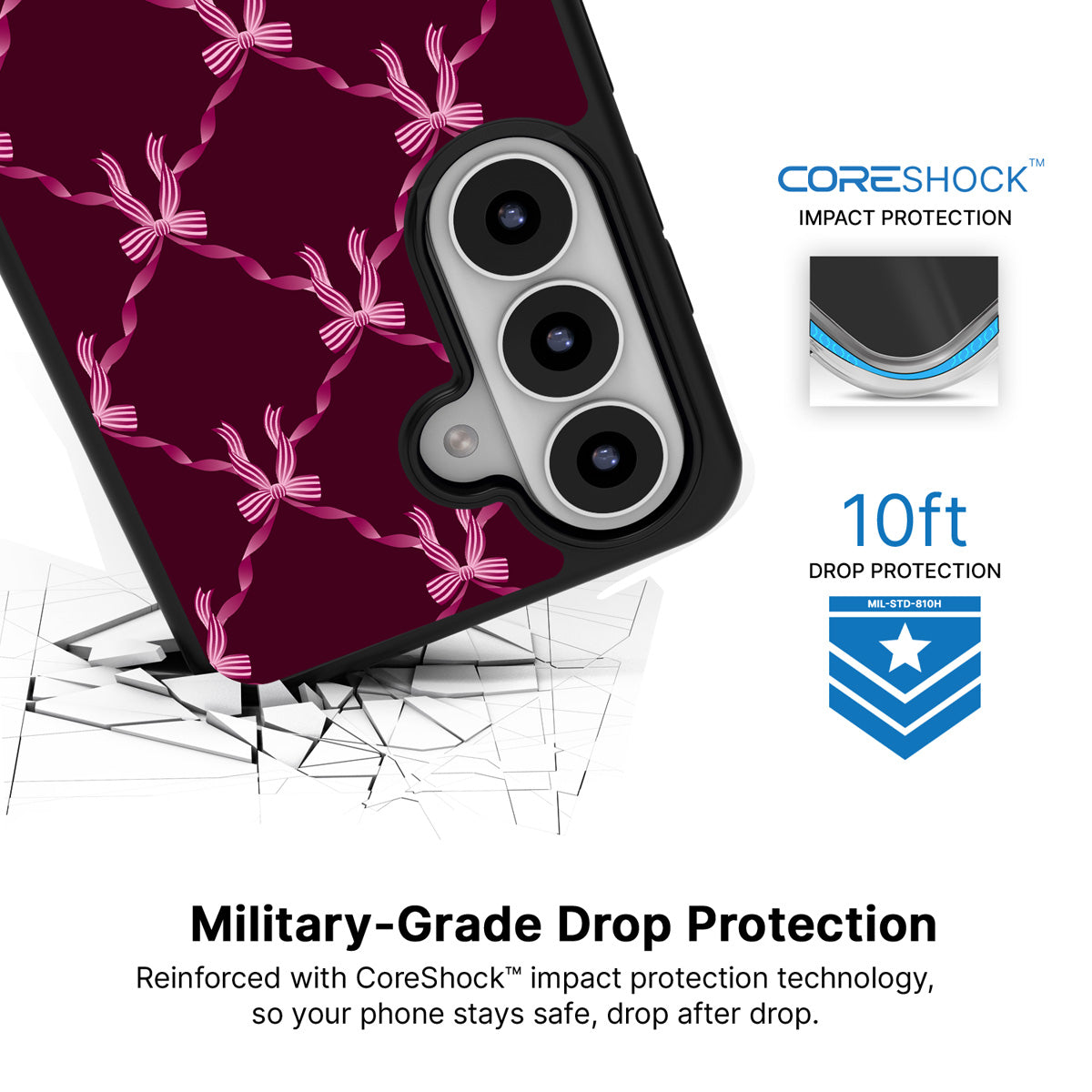 Bordeaux Bow Samsung Galaxy S26 Plus case with 10ft military-grade drop protection