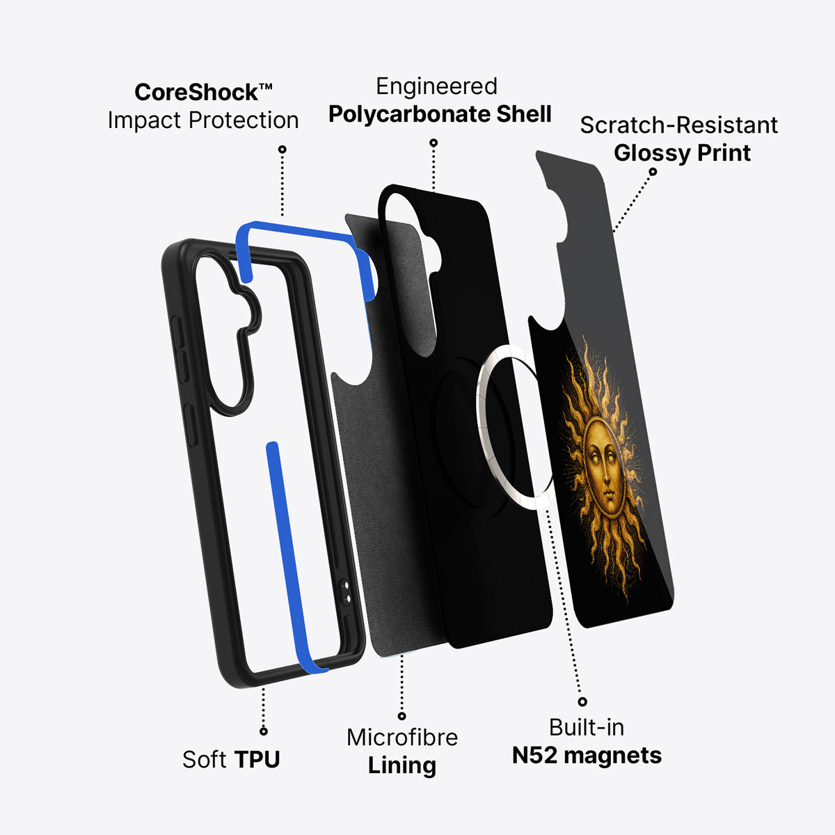 Samsung Galaxy S26 Plus case construction and features – Celestial Sun phone case