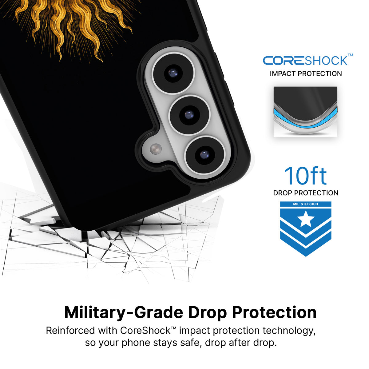 Celestial Sun Samsung Galaxy S26 Plus case with 10ft military-grade drop protection