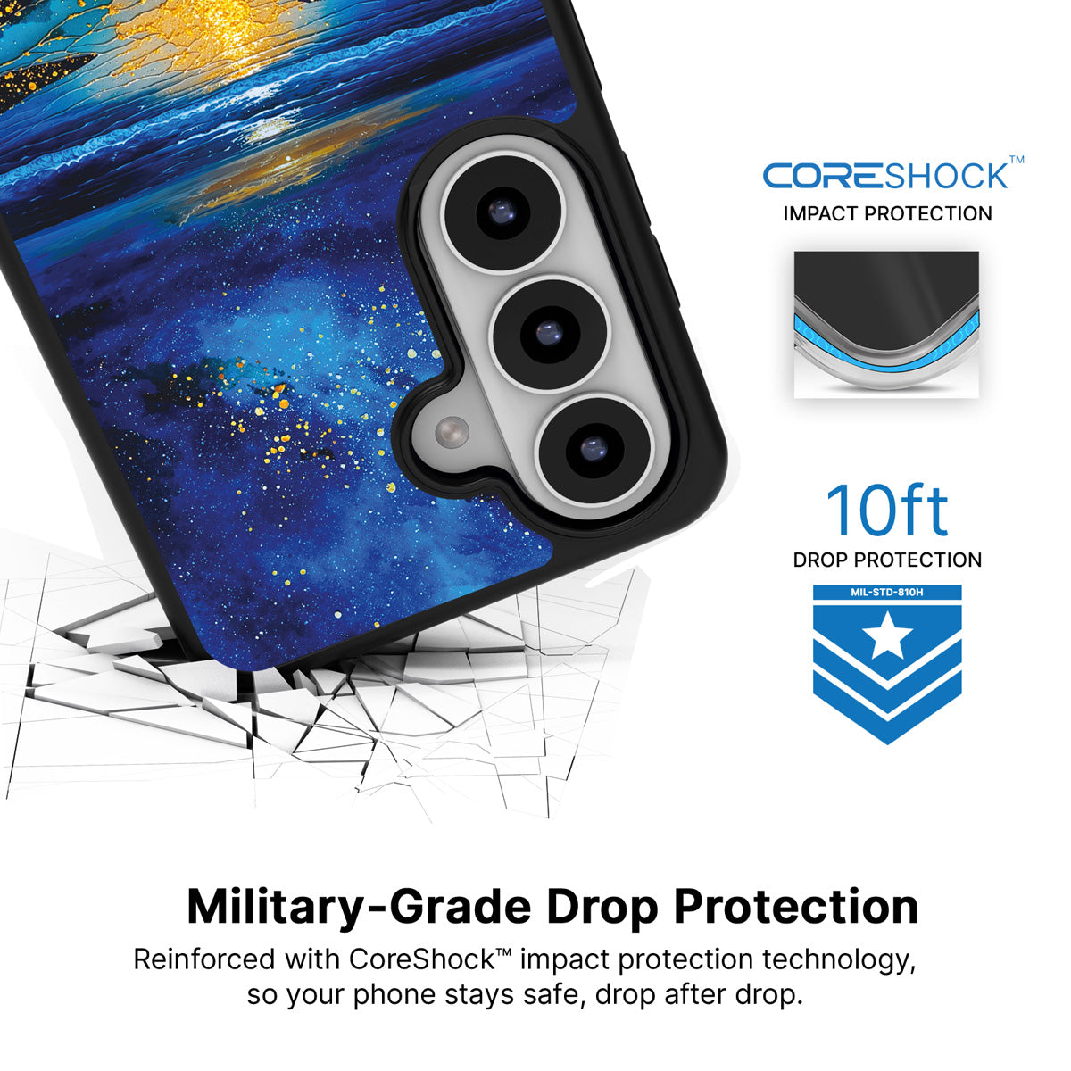 Cosmic Seascape Samsung Galaxy S26 case with 10ft military-grade drop protection