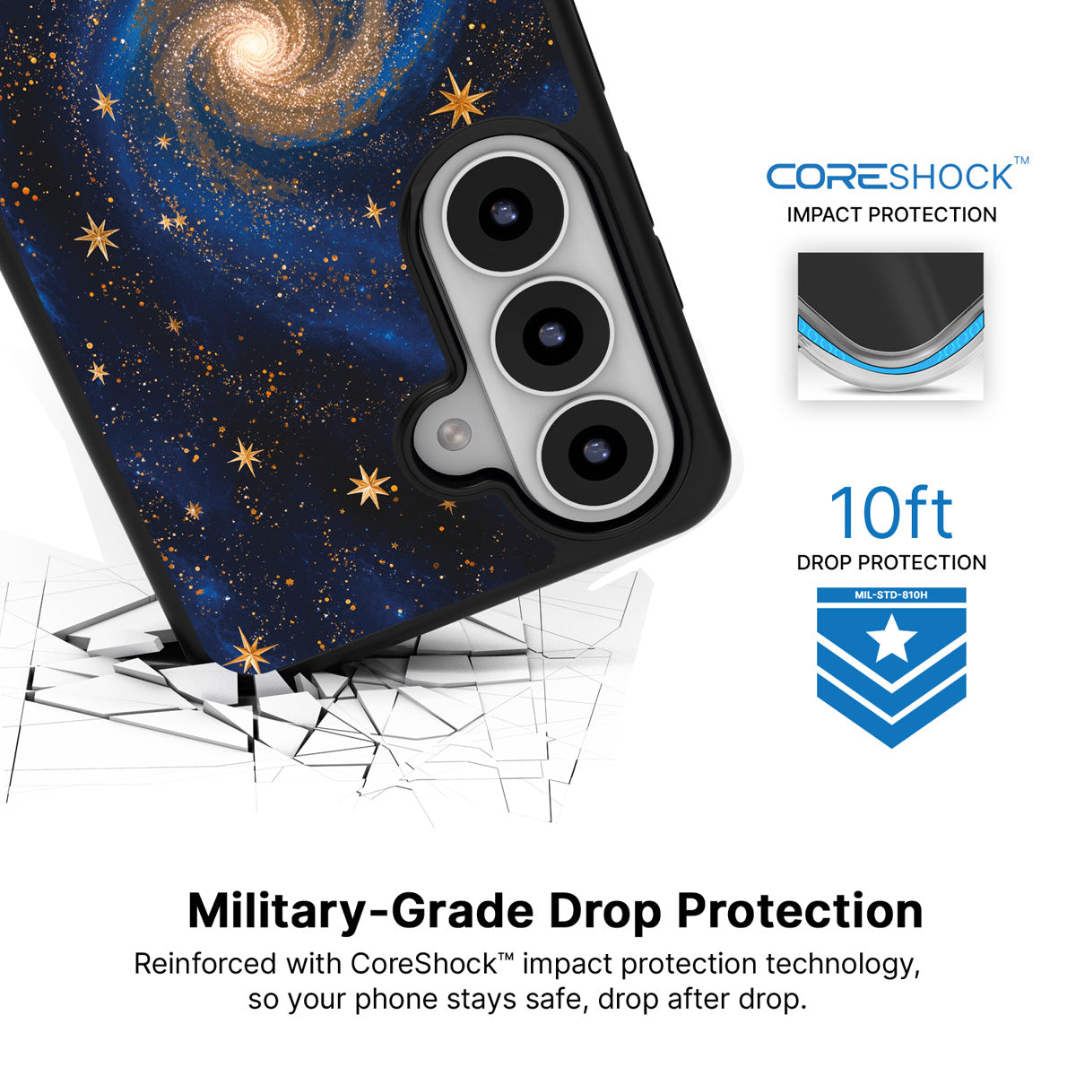 Cosmic Tide Samsung Galaxy S26 case with 10ft military-grade drop protection
