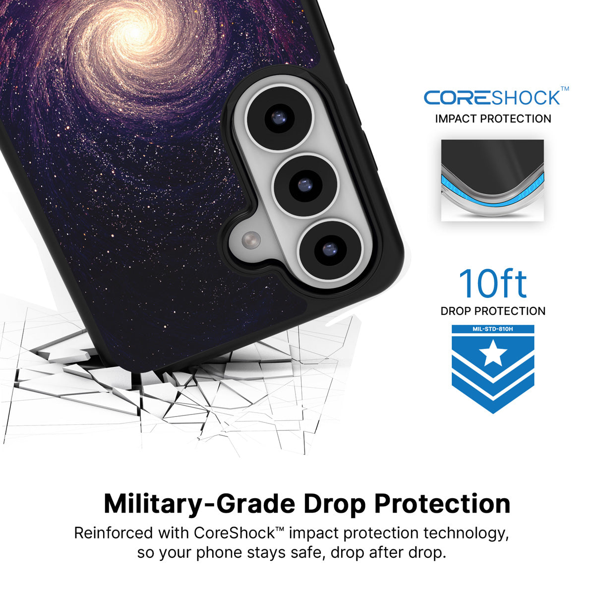 Cosmic Vortex Samsung Galaxy S26 Plus case with 10ft military-grade drop protection