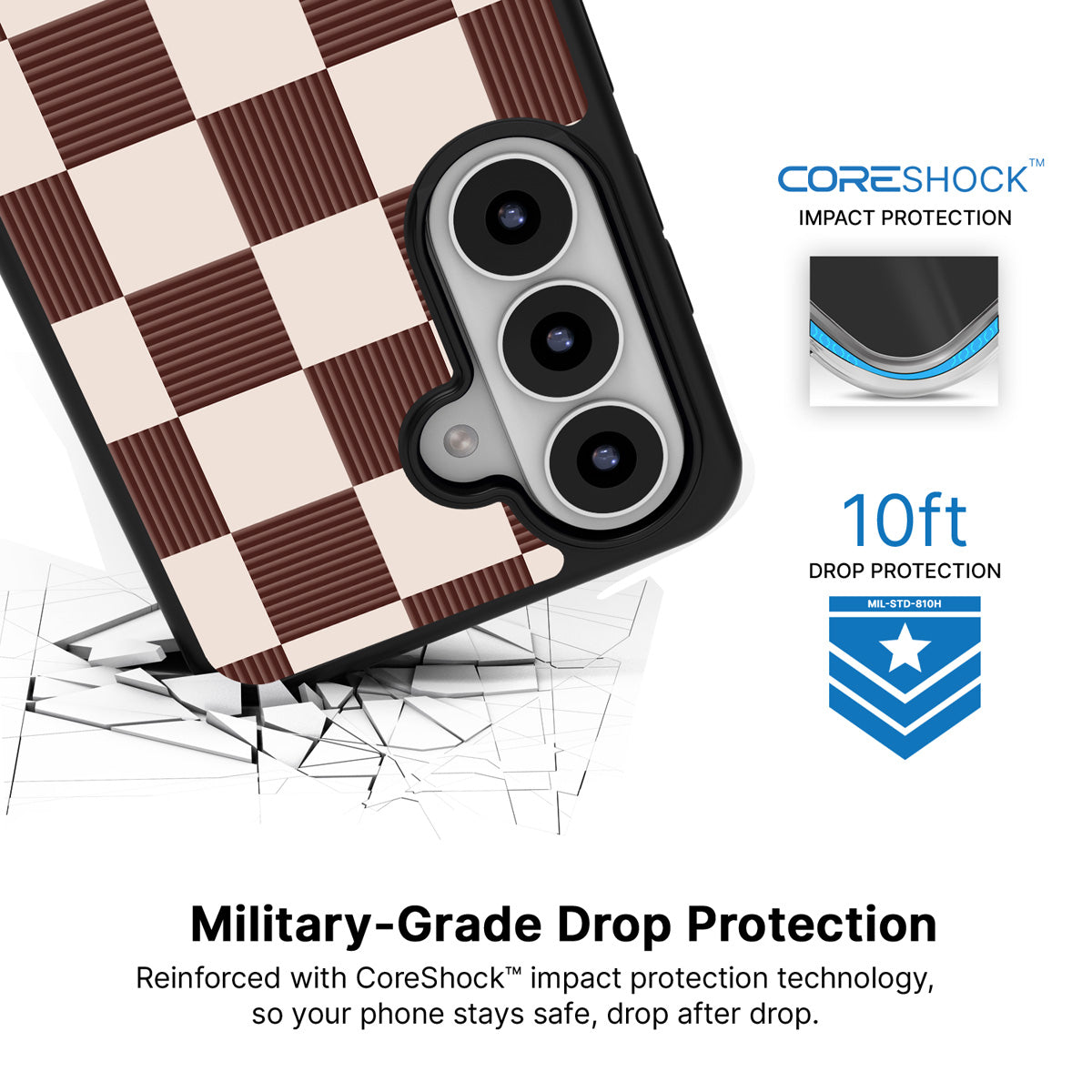 Elegance Espresso Samsung Galaxy S26 Plus case with 10ft military-grade drop protection