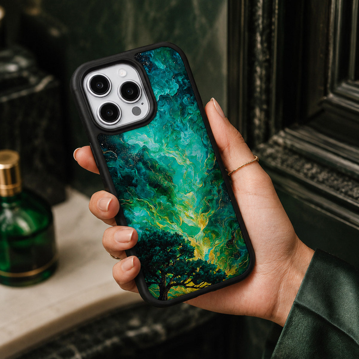 Dark Green Designer iPhone 15 Pro Case – Emerald Storm | MagSafe — view 3