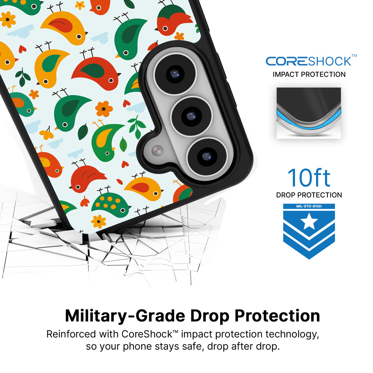 Feathered Friends Samsung Galaxy S26 Plus case with 10ft military-grade drop protection