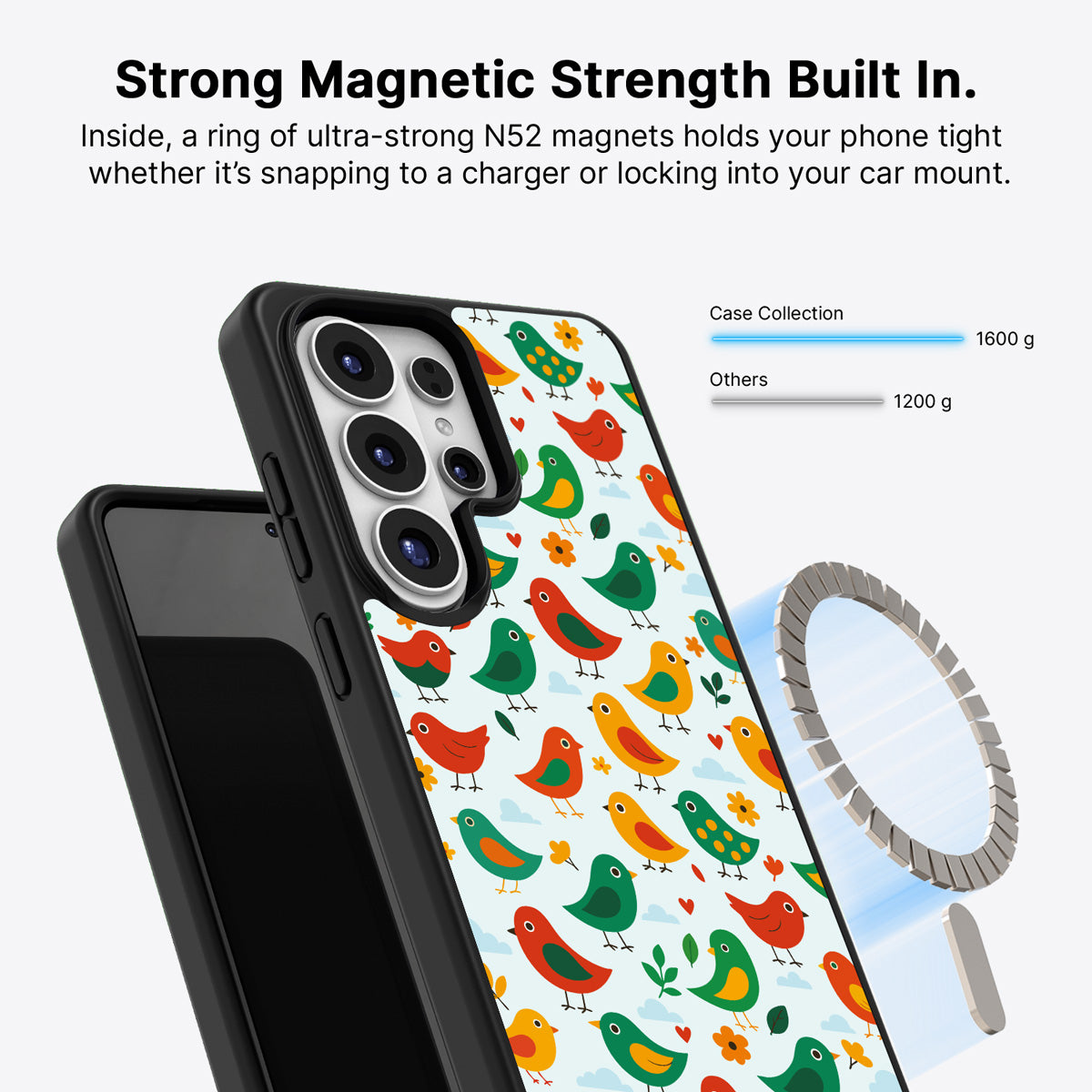 Samsung Galaxy S26 Ultra Qi2 magnetic case with N52 magnets – Feathered Friends design