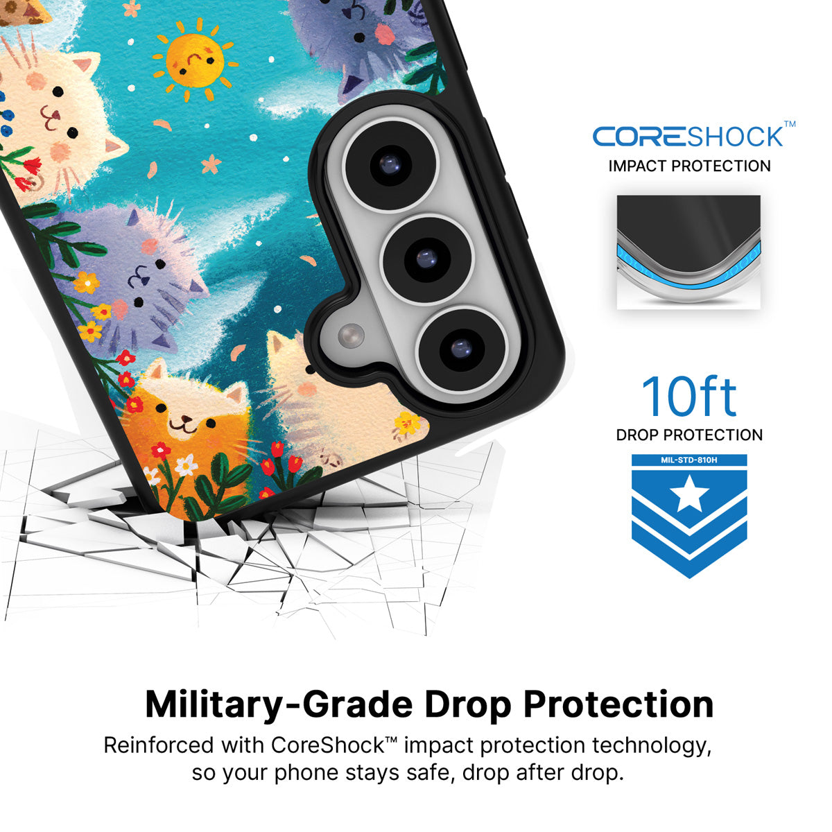 Garden Kittens Samsung Galaxy S26 case with 10ft military-grade drop protection