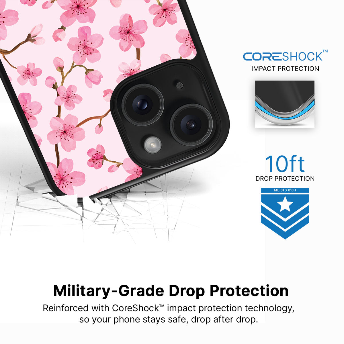 Cherry Blossom iPhone 15 case with drop protection