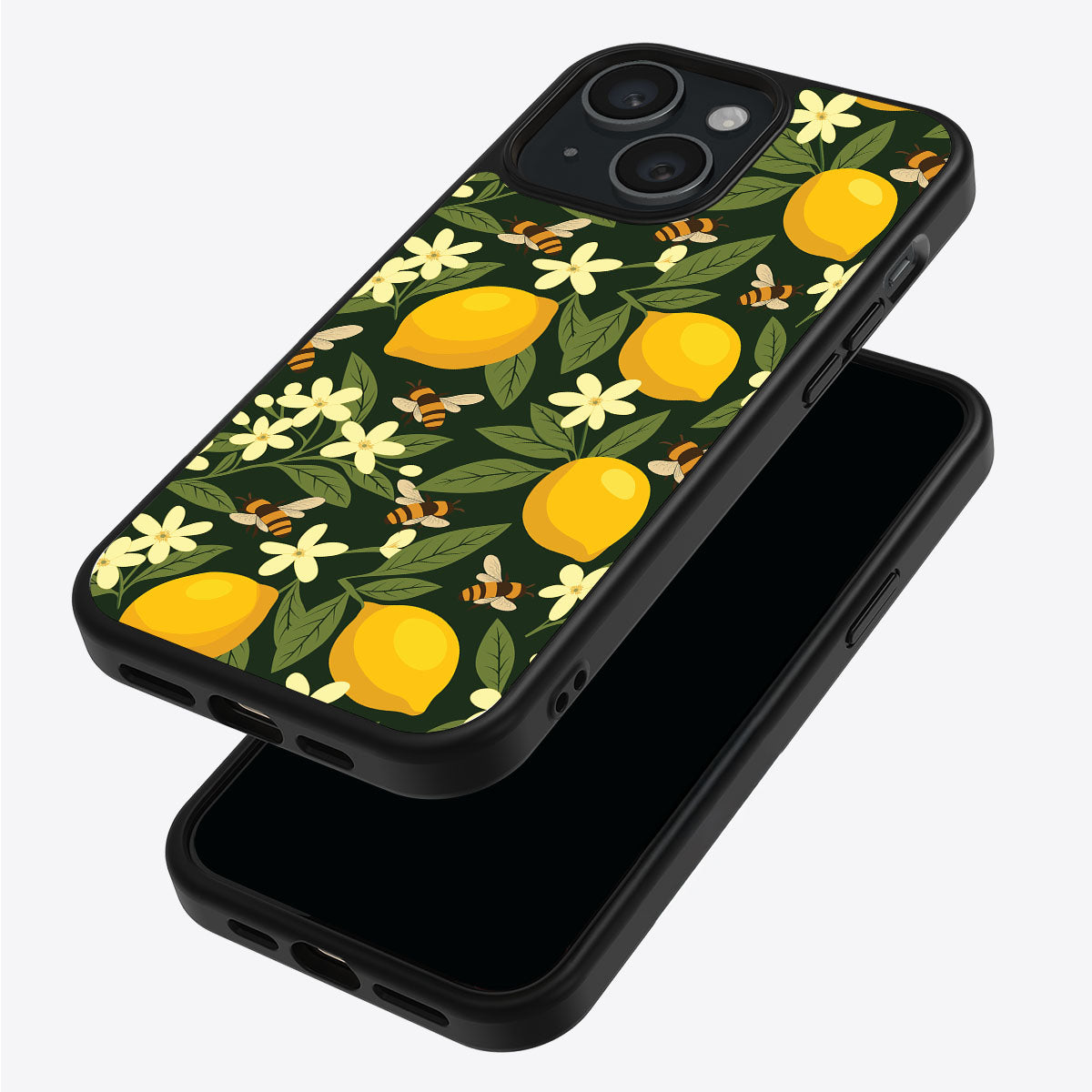 Lemon and Bees iPhone 15 case – back and side view