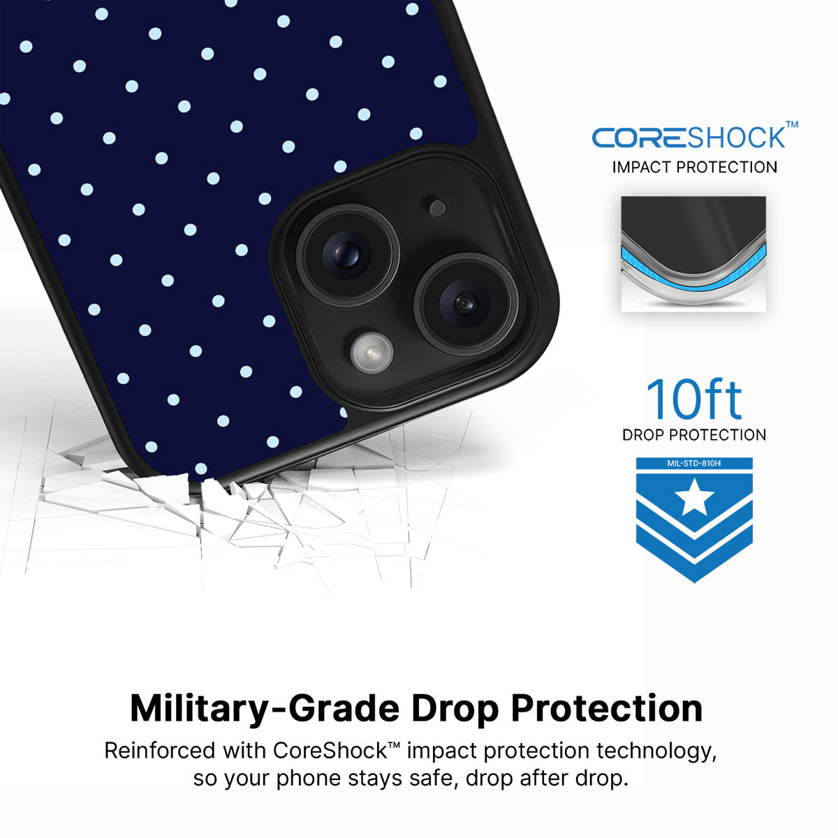 Navy Whisper iPhone 15 case with drop protection