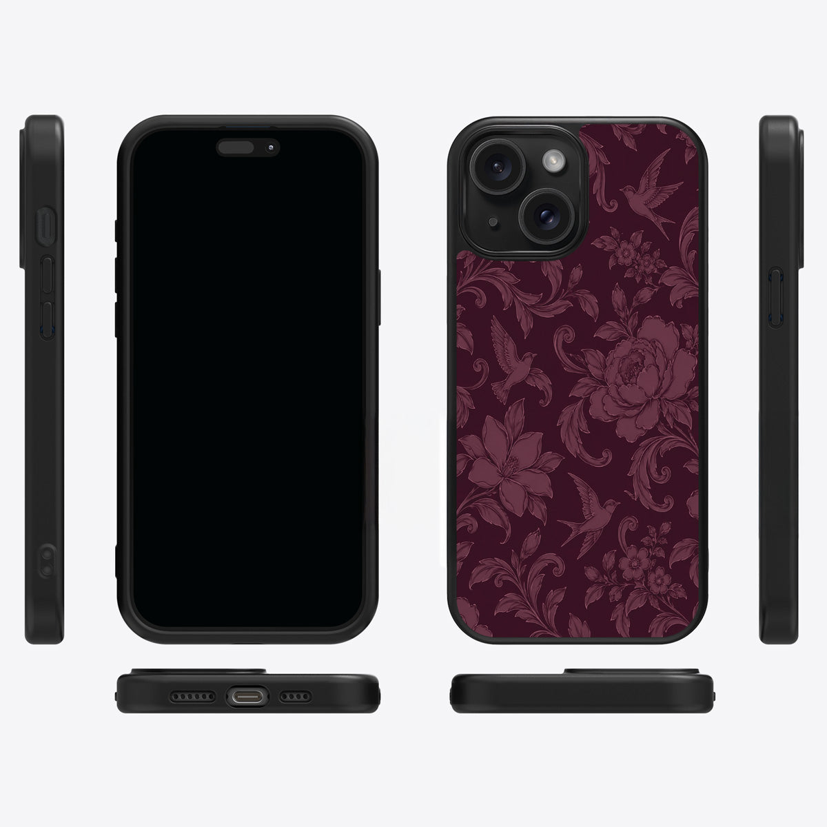 Swallow Damask iPhone 15 case cover – multi-angle view