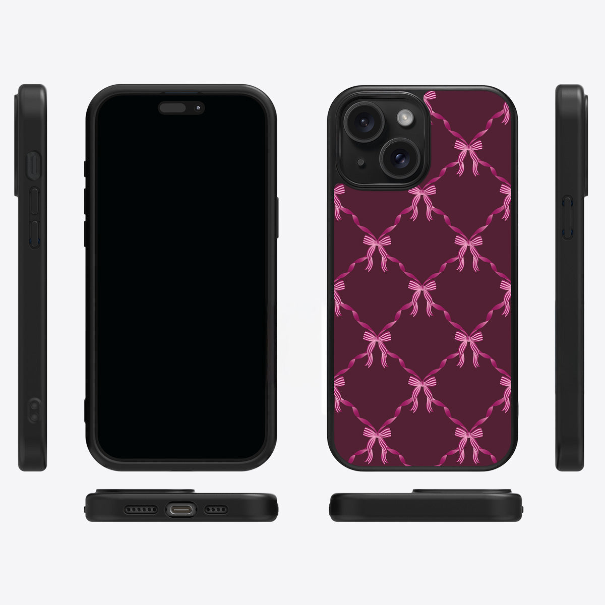 Bordeaux Bow iPhone 15 Plus case cover – multi-angle view