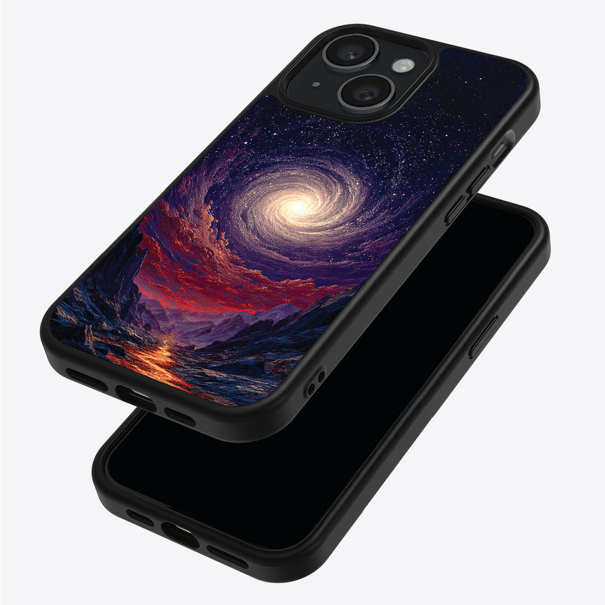 Cosmic Vortex iPhone 15 Plus case – back and side view