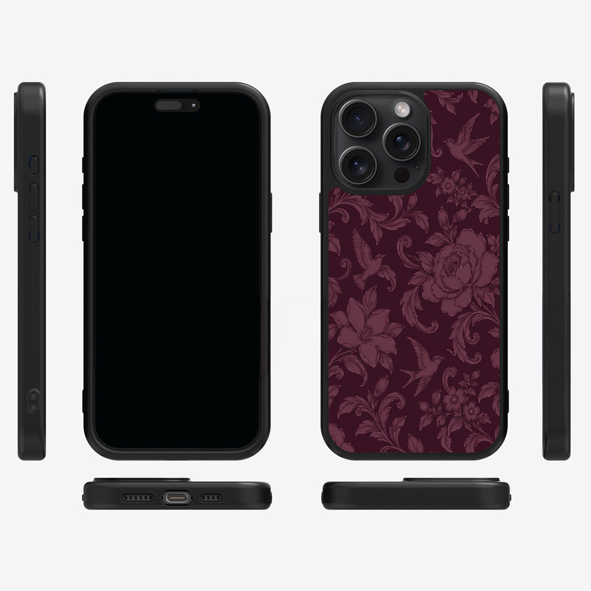 Swallow Damask iPhone 15 Pro case cover – multi-angle view