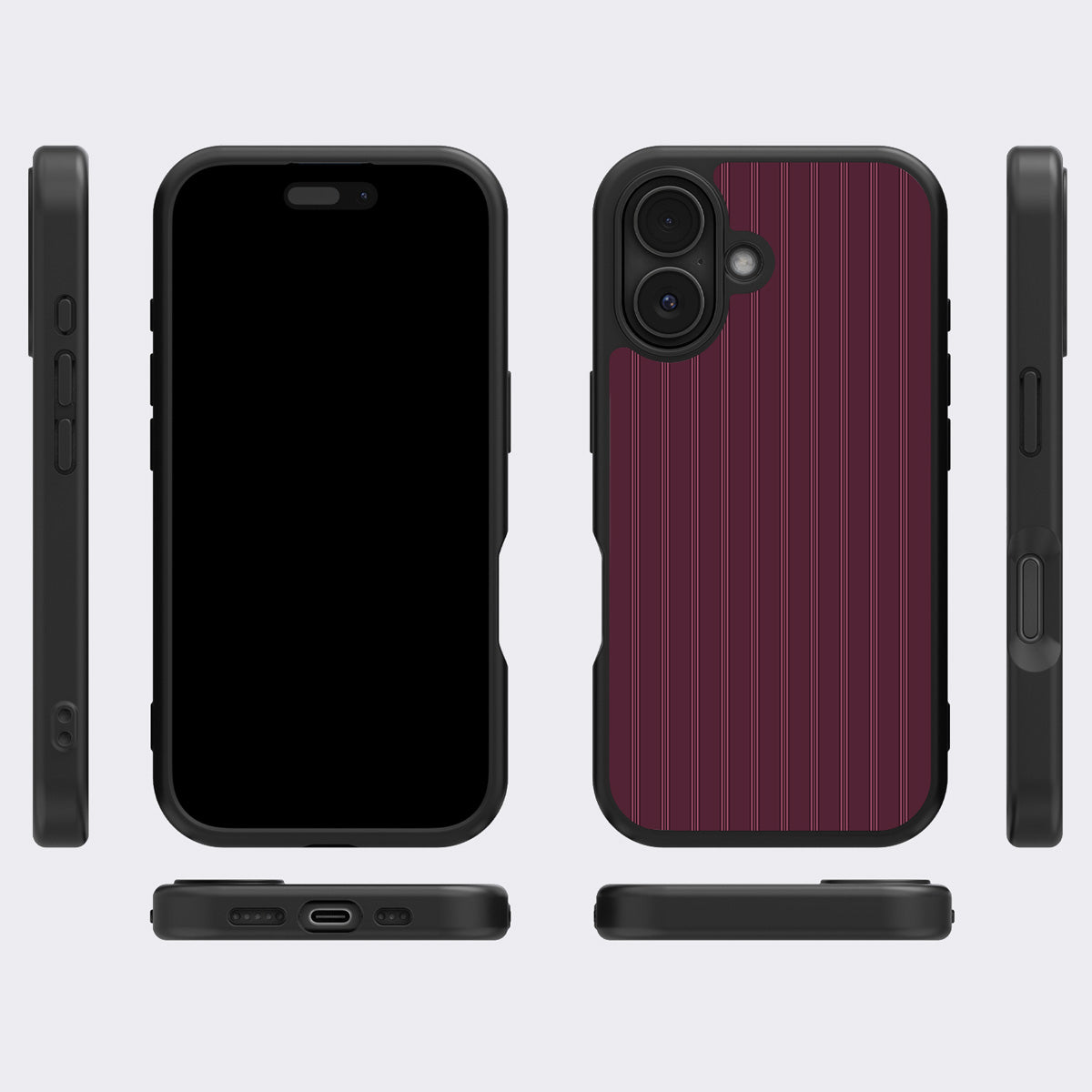Mulberry Pinstripe iPhone 16 case cover – multi-angle view