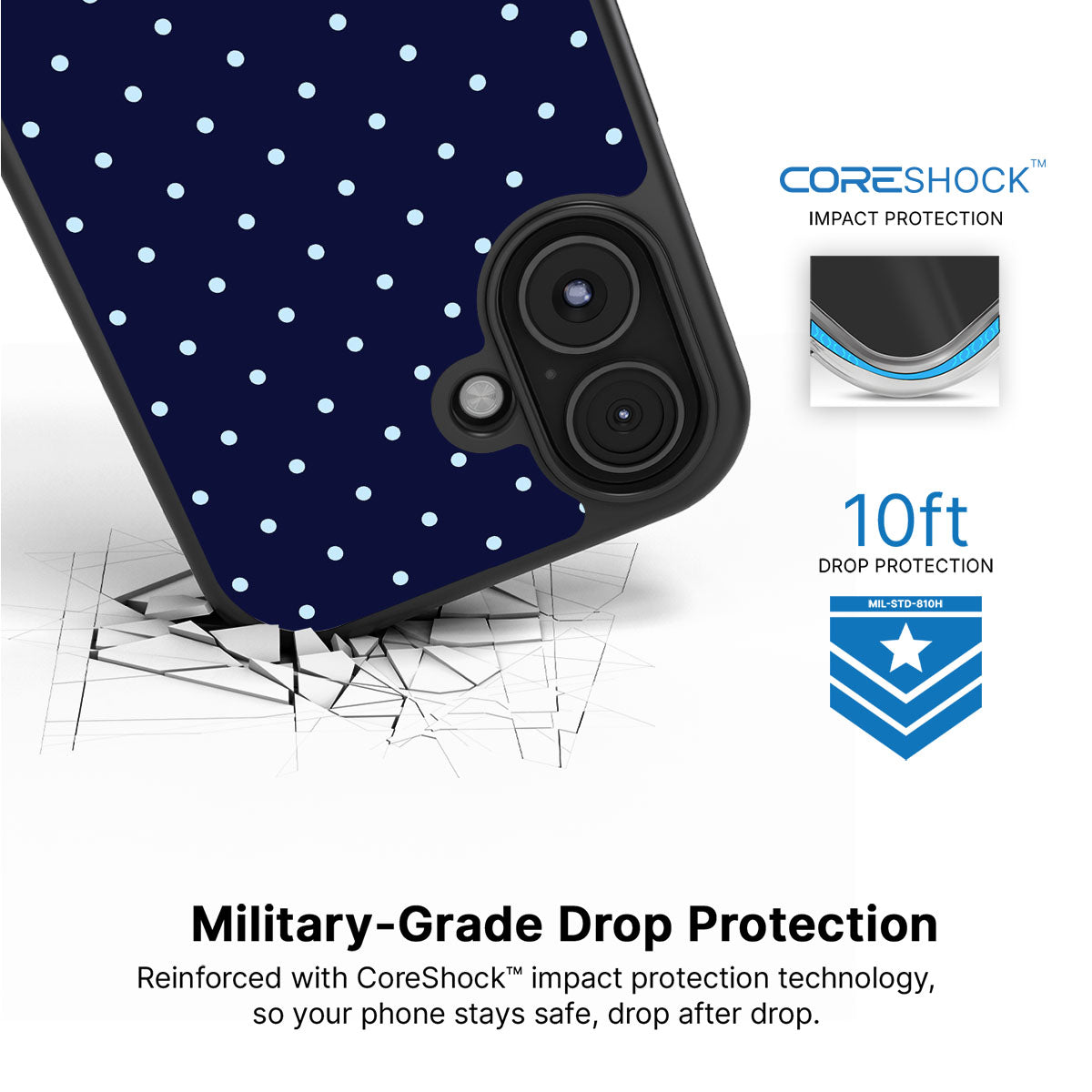 Navy Whisper iPhone 16 case with drop protection
