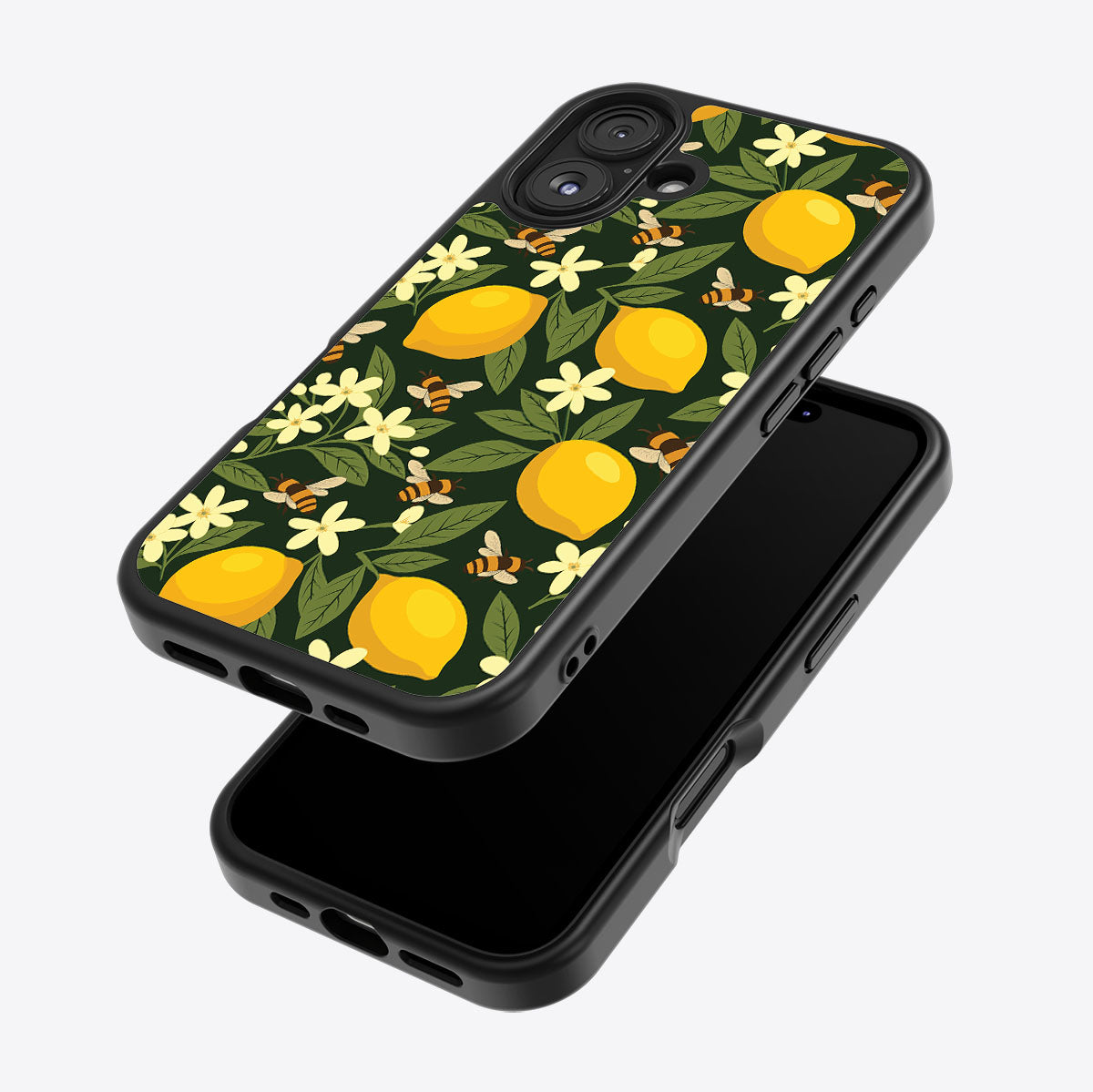 Lemon and Bees iPhone 16 Plus case – back and side view