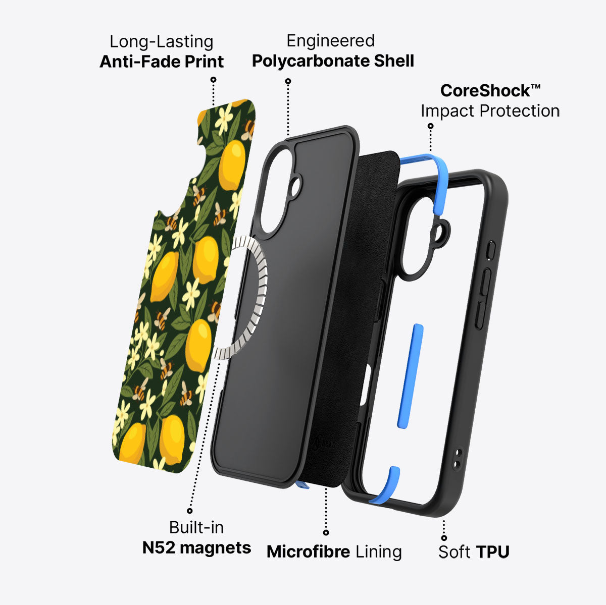 iPhone 16 Plus case construction – Lemon and Bees phone case