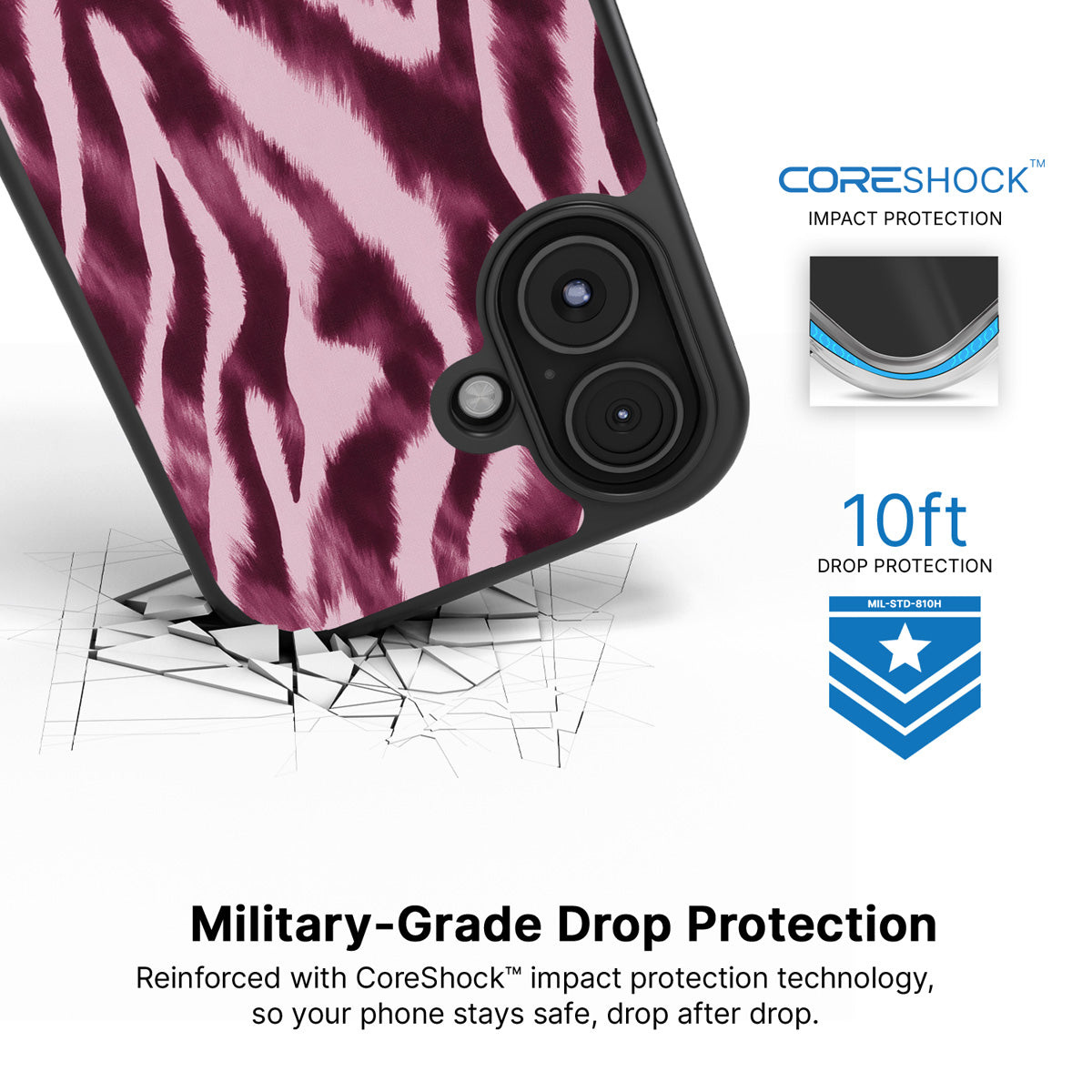 Sangria Zebra iPhone 16 Plus case with drop protection