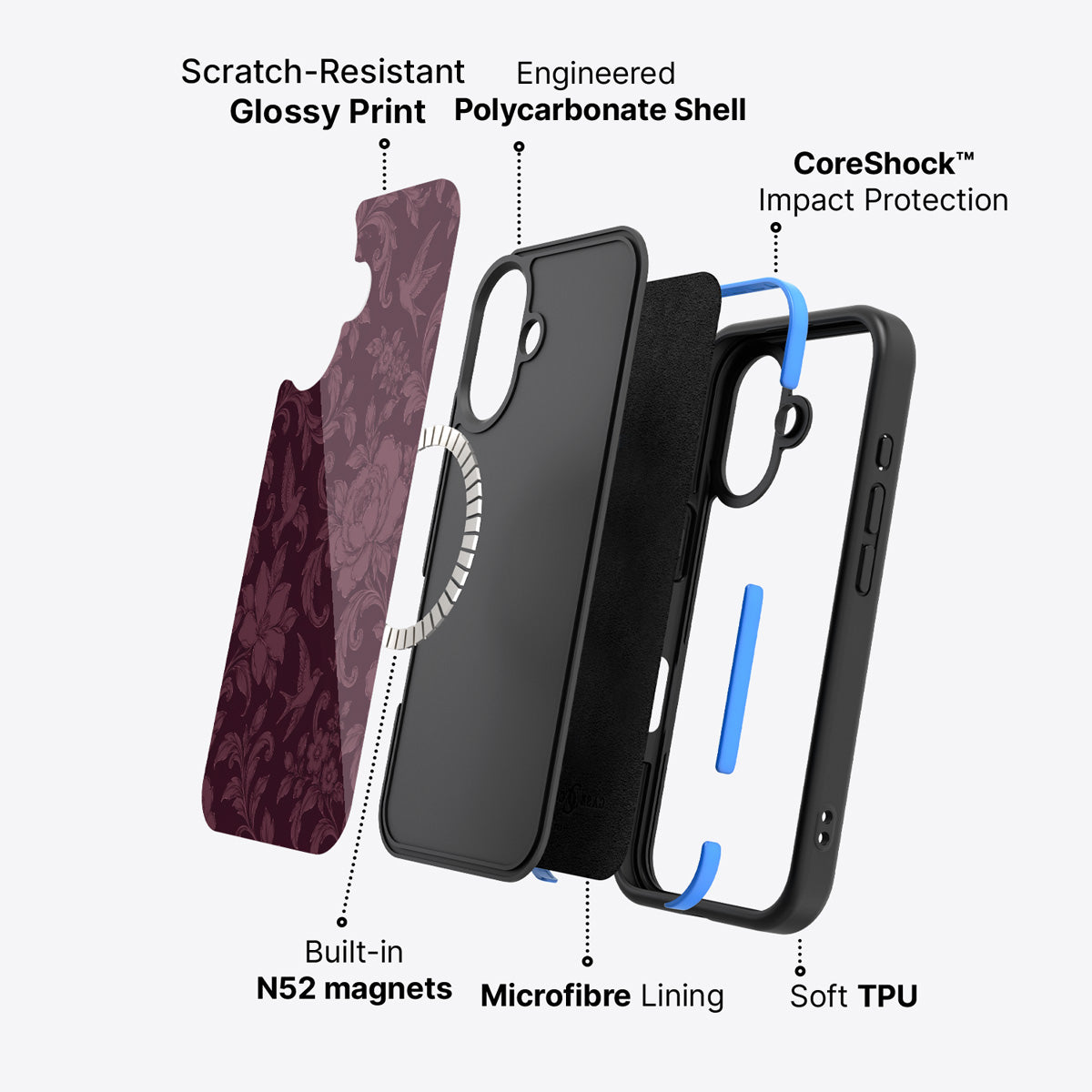iPhone 16 Plus case construction – Swallow Damask phone case