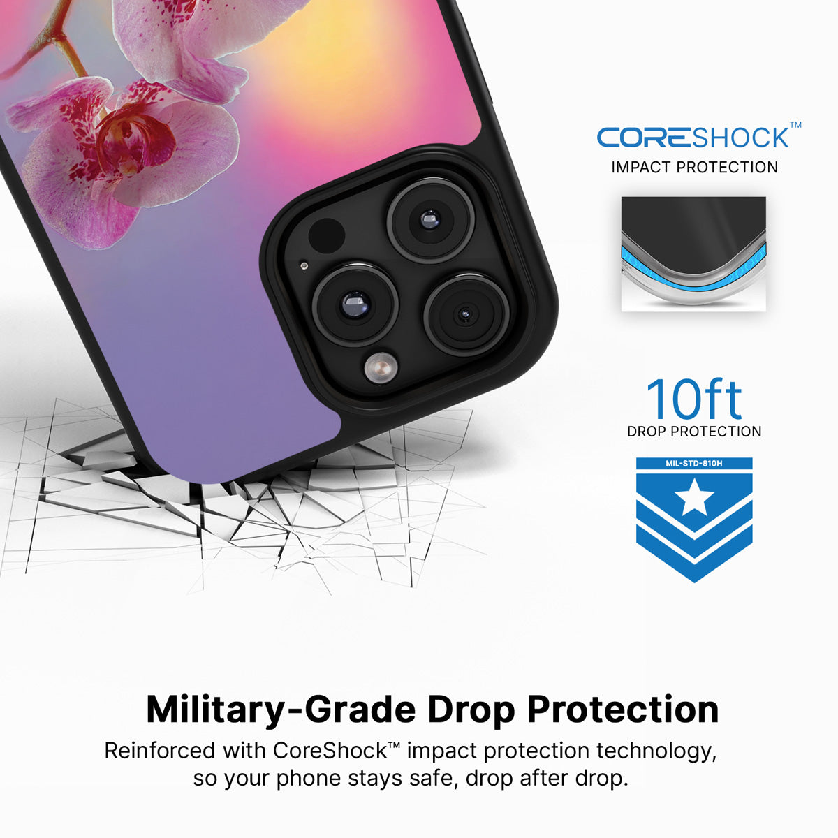 Orchid Dream iPhone 16 Pro case with drop protection