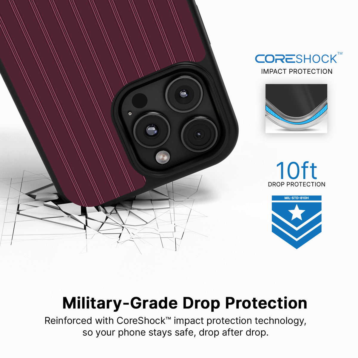 Mulberry Pinstripe iPhone 16 Pro Max case with drop protection