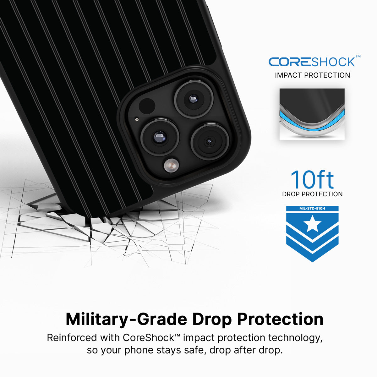 Onyx Pinstripe iPhone 16 Pro Max case with drop protection