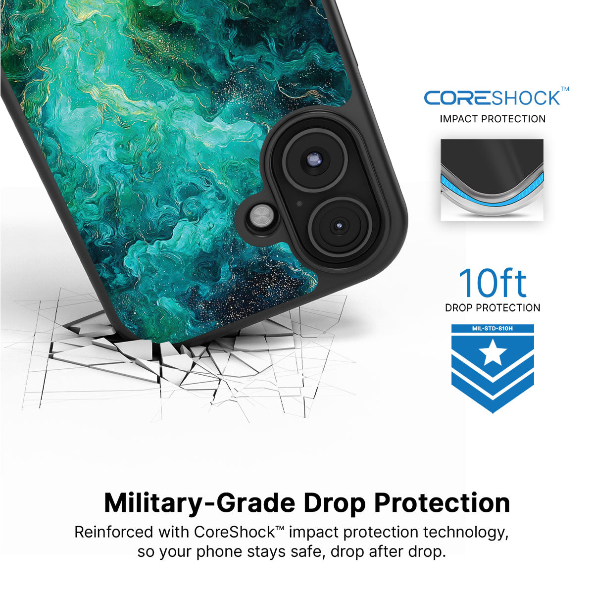 Emerald Storm iPhone 17 case with drop protection