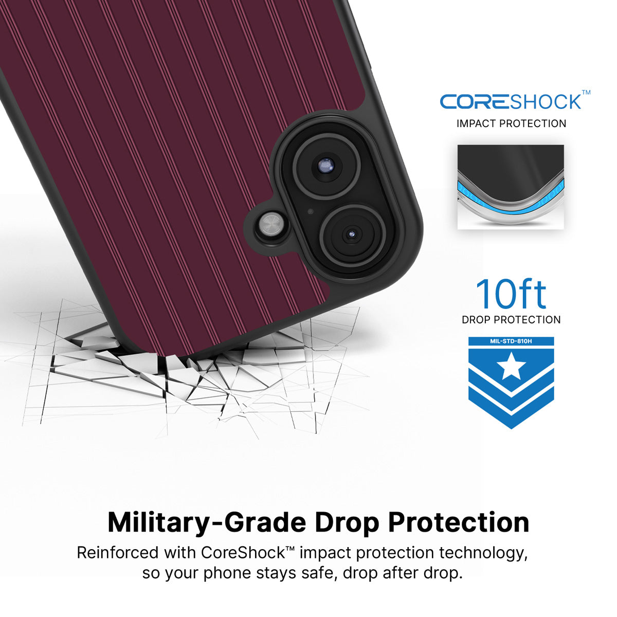Mulberry Pinstripe iPhone 17 case with drop protection