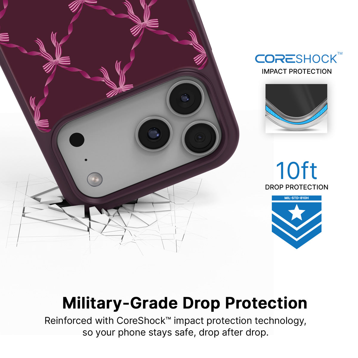 Bordeaux Bow iPhone 17 Pro case with drop protection