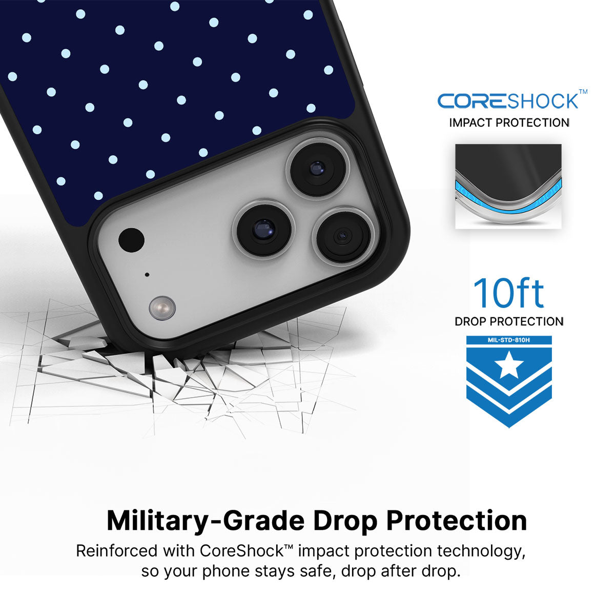 Navy Whisper iPhone 17 Pro case with drop protection