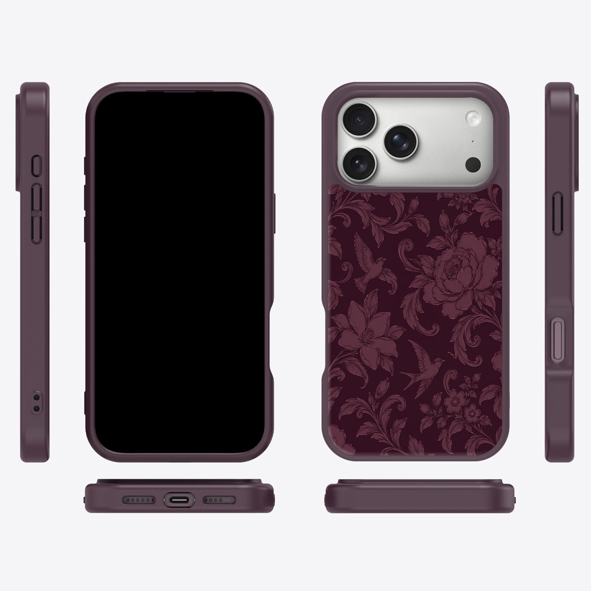Swallow Damask iPhone 17 Pro case cover – multi-angle view