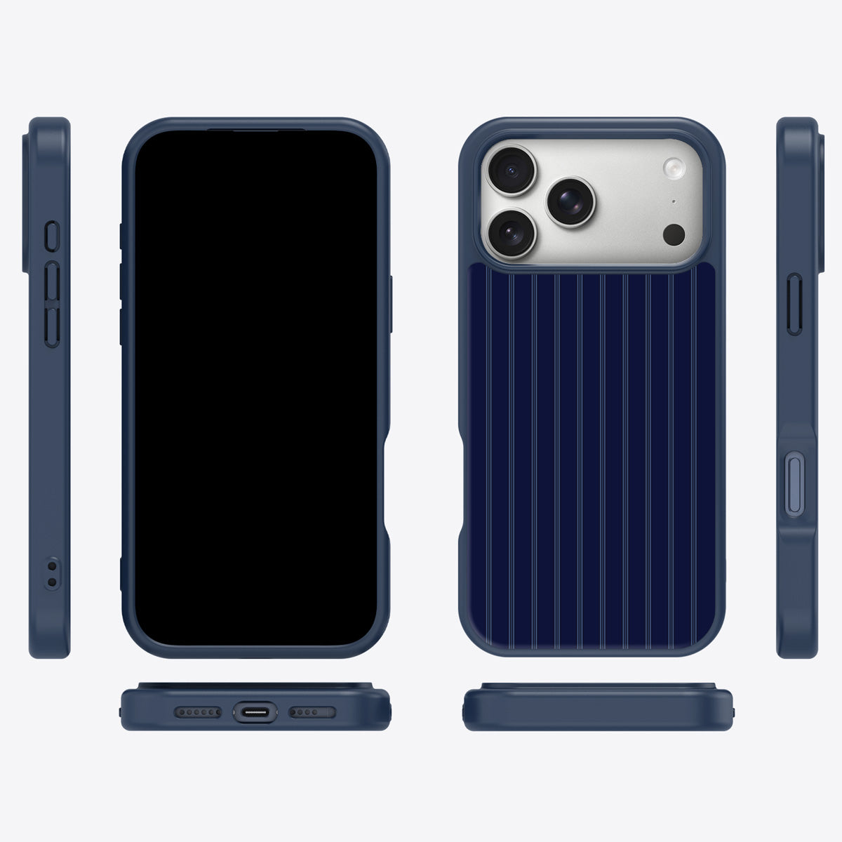Ink Pinstripe iPhone 18 Pro case cover – multi-angle view