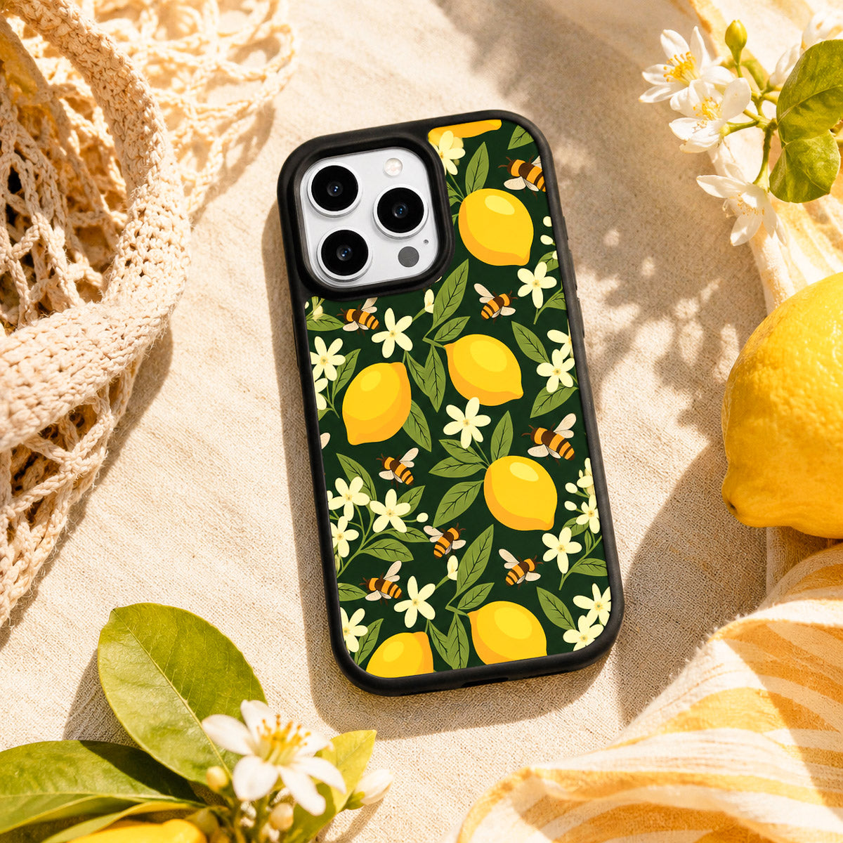 Cute Floral Designer iPhone 16 Pro Case – Lemon and Bees | MagSafe