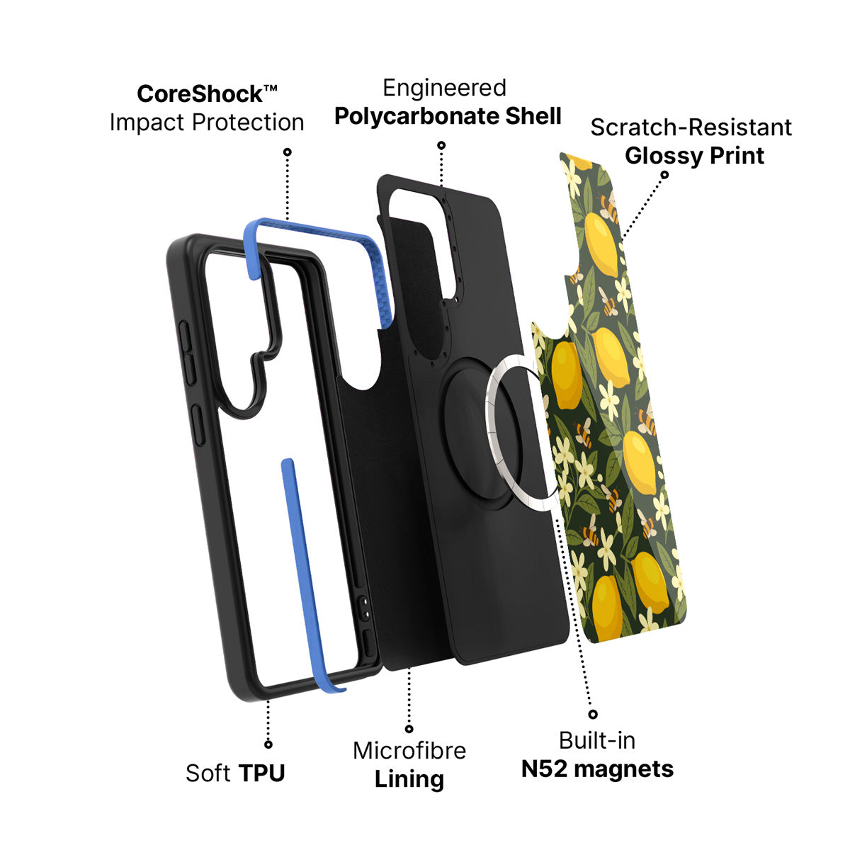Lemon and Bees Samsung Galaxy S26 Ultra case – back and side view