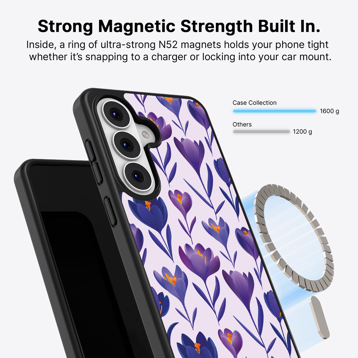 Samsung Galaxy S26 Qi2 magnetic case with N52 magnets – Midnight Crocus design