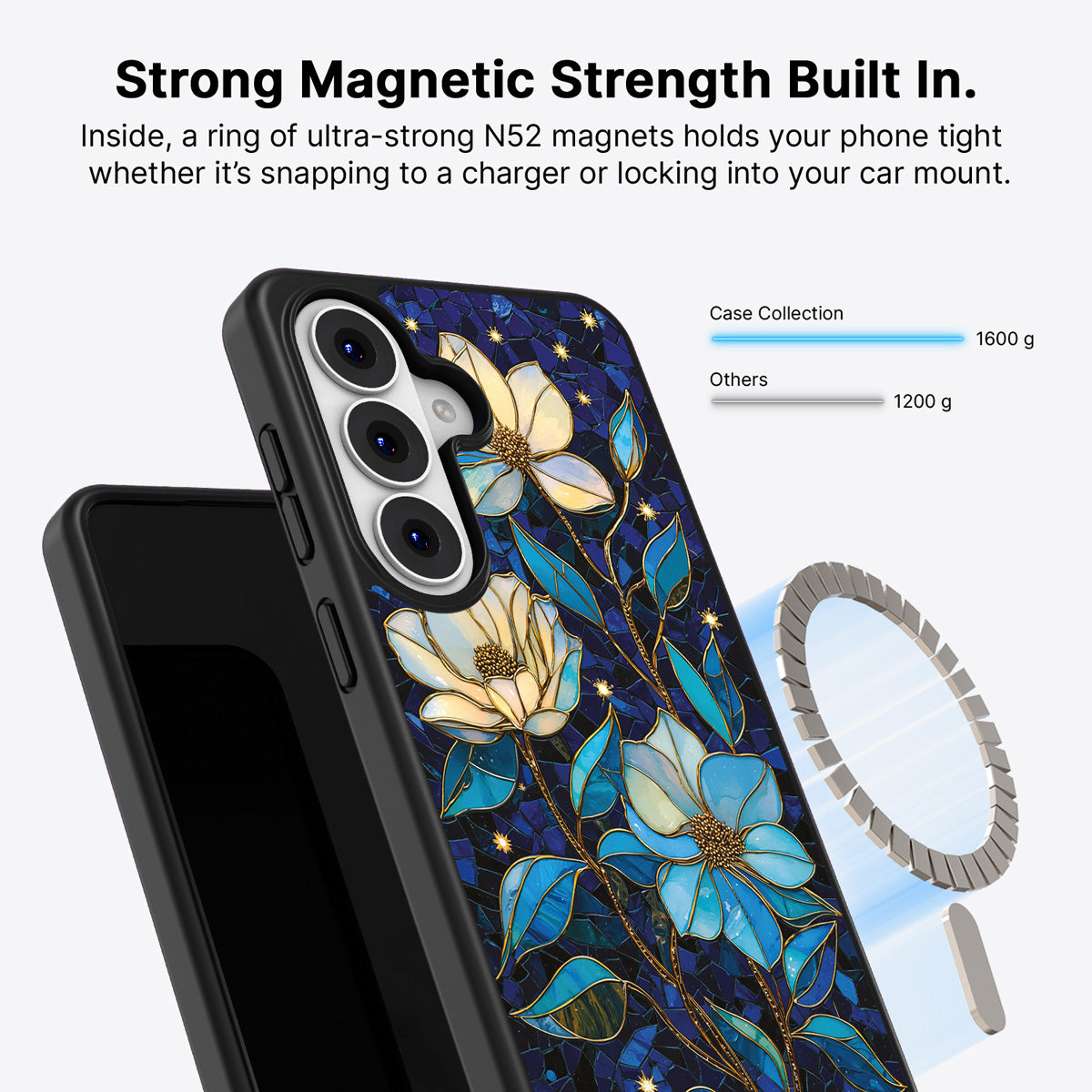 Samsung Galaxy S26 Qi2 magnetic case with N52 magnets – Midnight Magnolia design