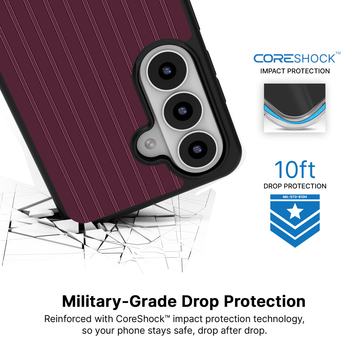 Mulberry Pinstripe Samsung Galaxy S26 Plus case with 10ft military-grade drop protection