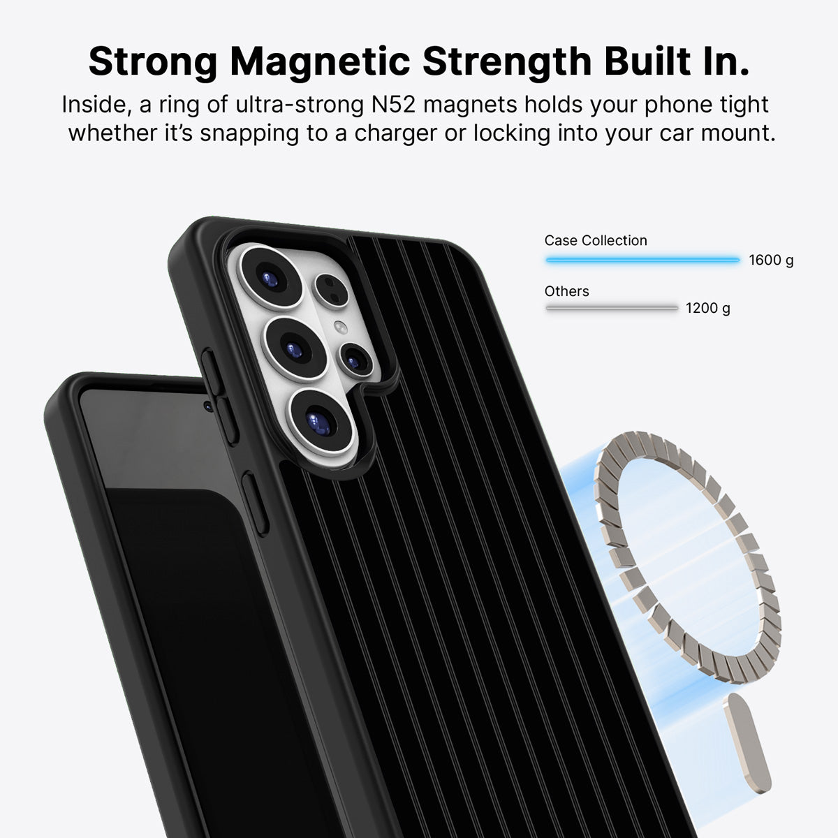 Samsung Galaxy S26 Ultra Qi2 magnetic case with N52 magnets – Onyx Pinstripe design