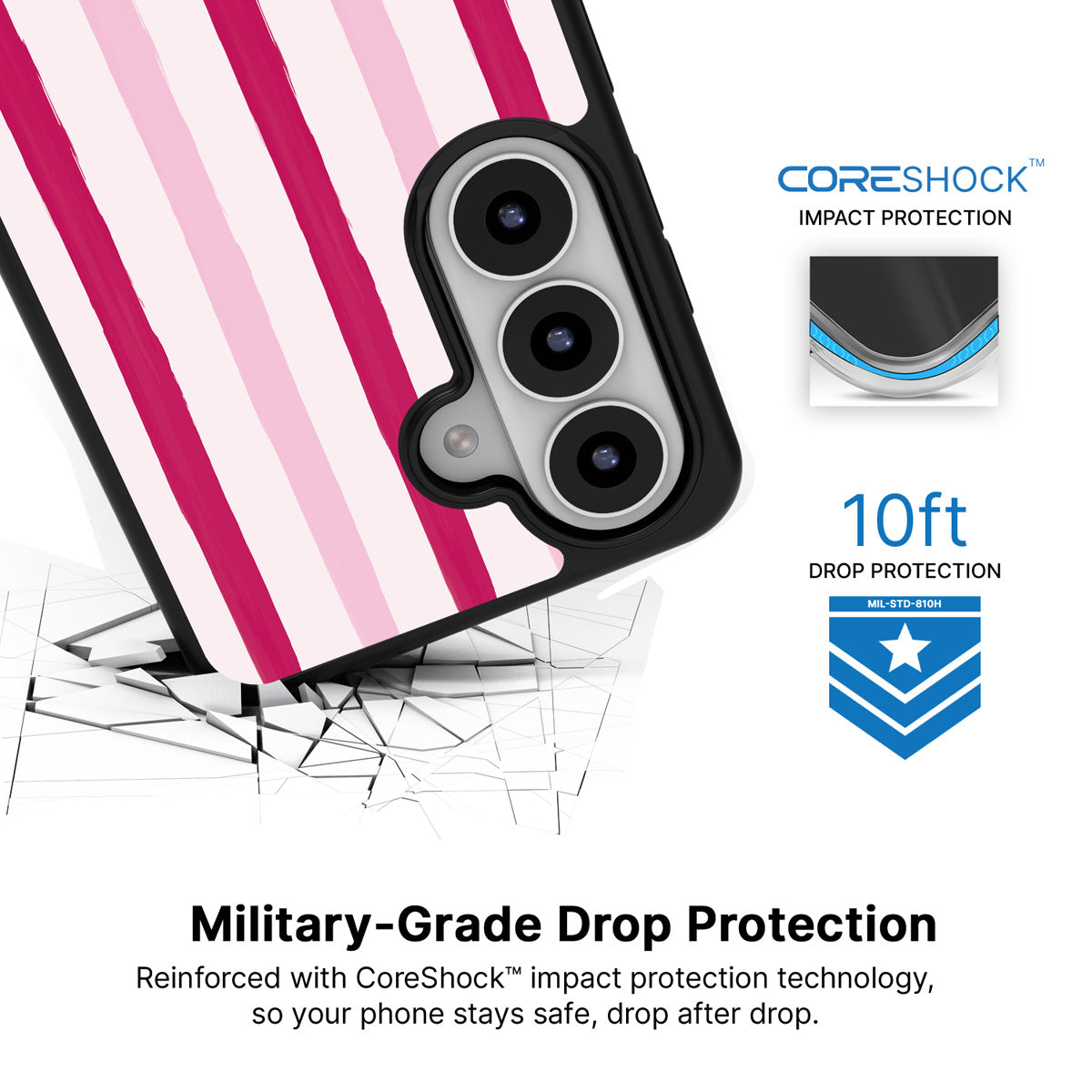 Pink Watercolor Stripes Samsung Galaxy S26 Plus case with 10ft military-grade drop protection