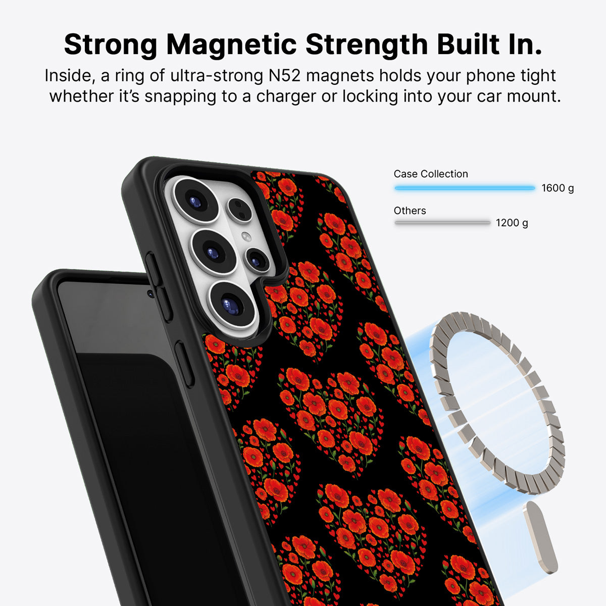 Samsung Galaxy S26 Ultra Qi2 magnetic case with N52 magnets – Poppy Heart design