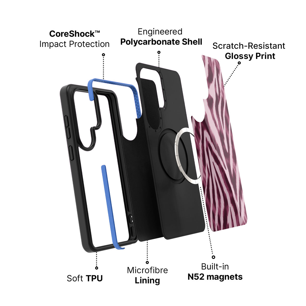 Samsung Galaxy S26 Ultra case construction and features – Sangria Zebra phone case