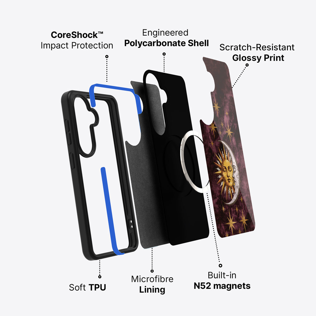 Samsung Galaxy S26 Plus case construction and features – Sun and Moon phone case