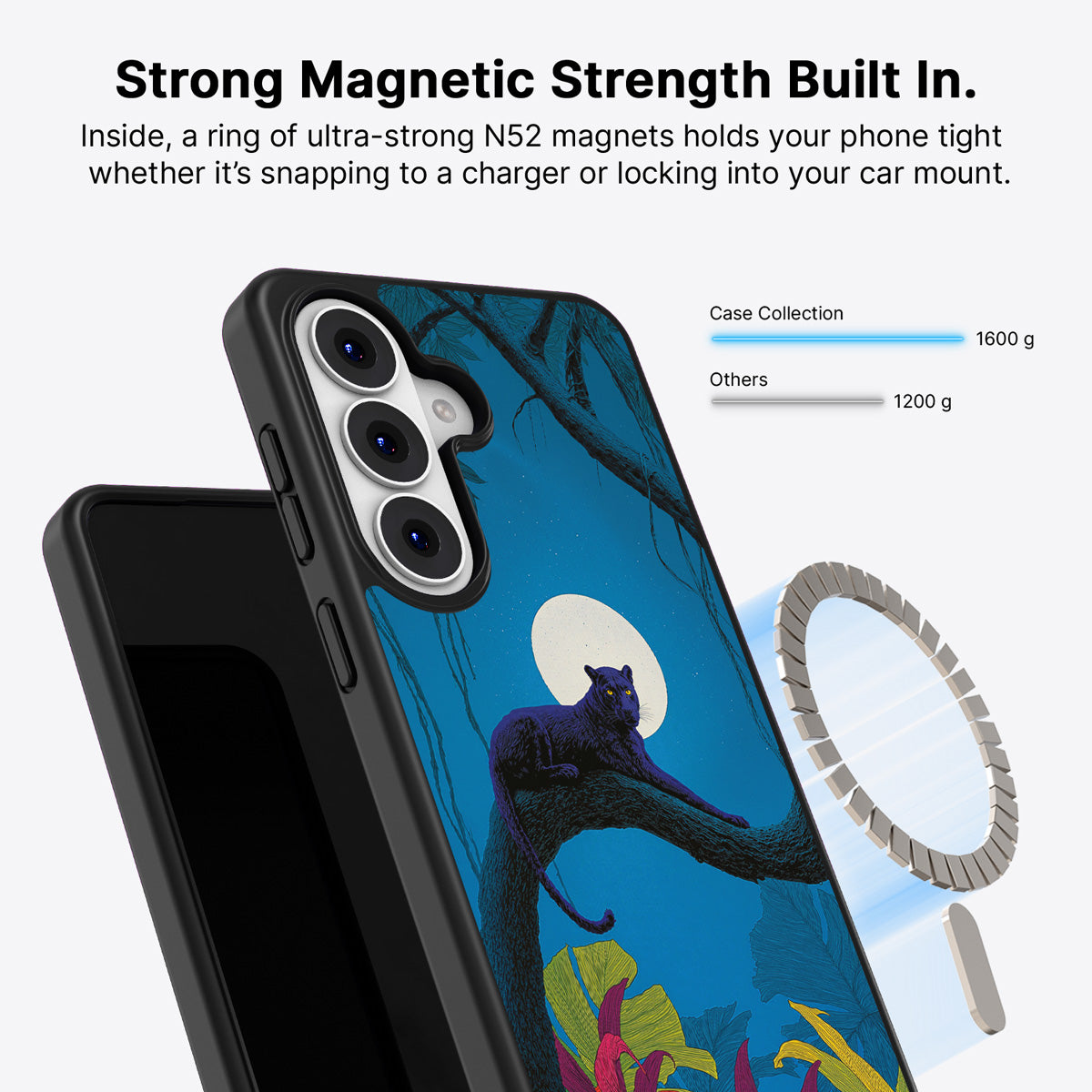 Samsung Galaxy S26 Qi2 magnetic case with N52 magnets – Tropic Panther design