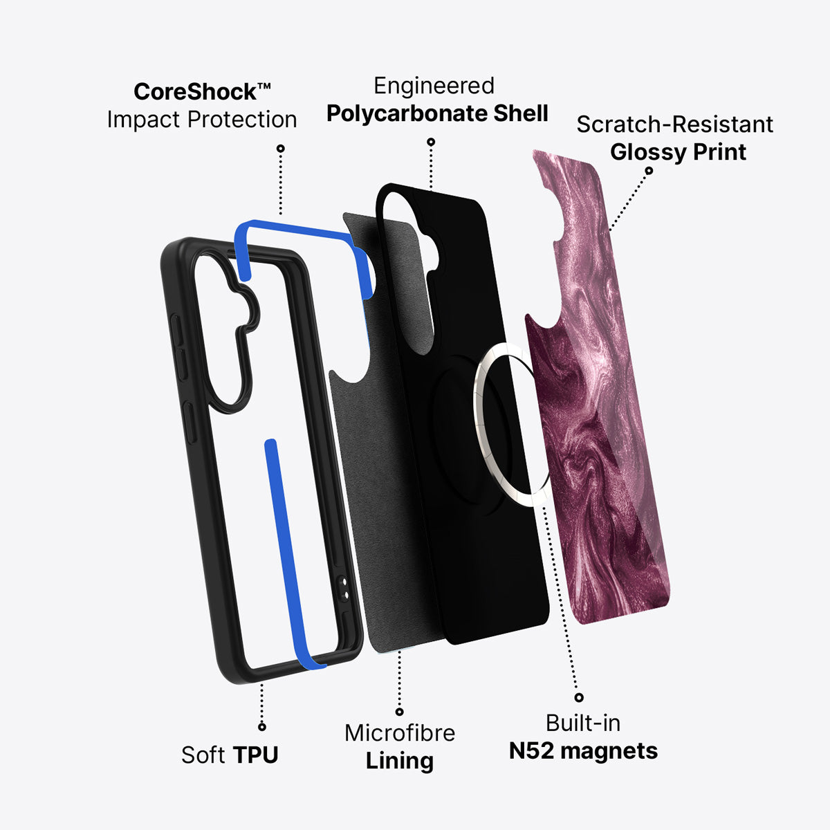 Samsung Galaxy S26 Plus case construction and features – Wine Shimmer phone case