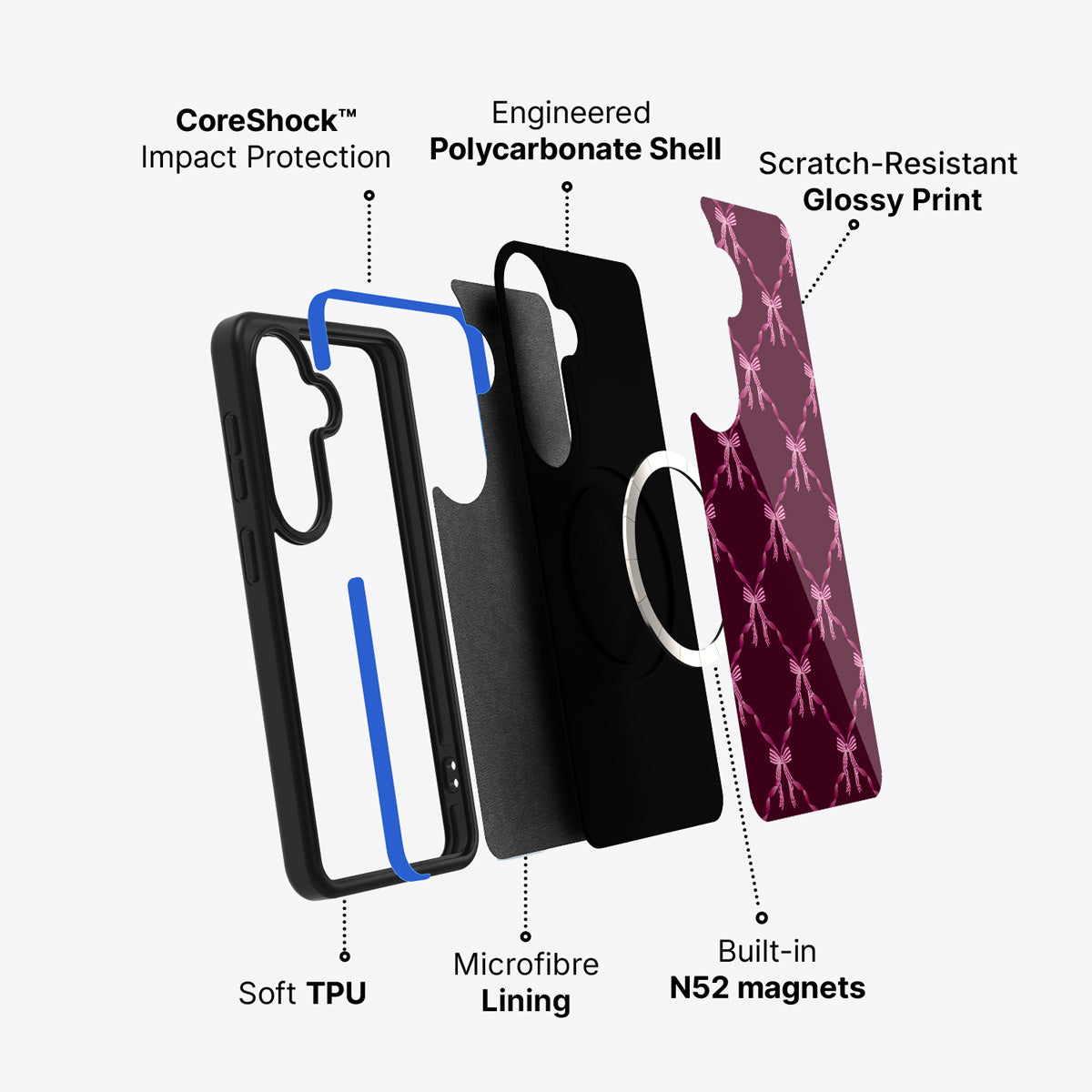 Samsung Galaxy S26 case construction and features – Bordeaux Bow phone case
