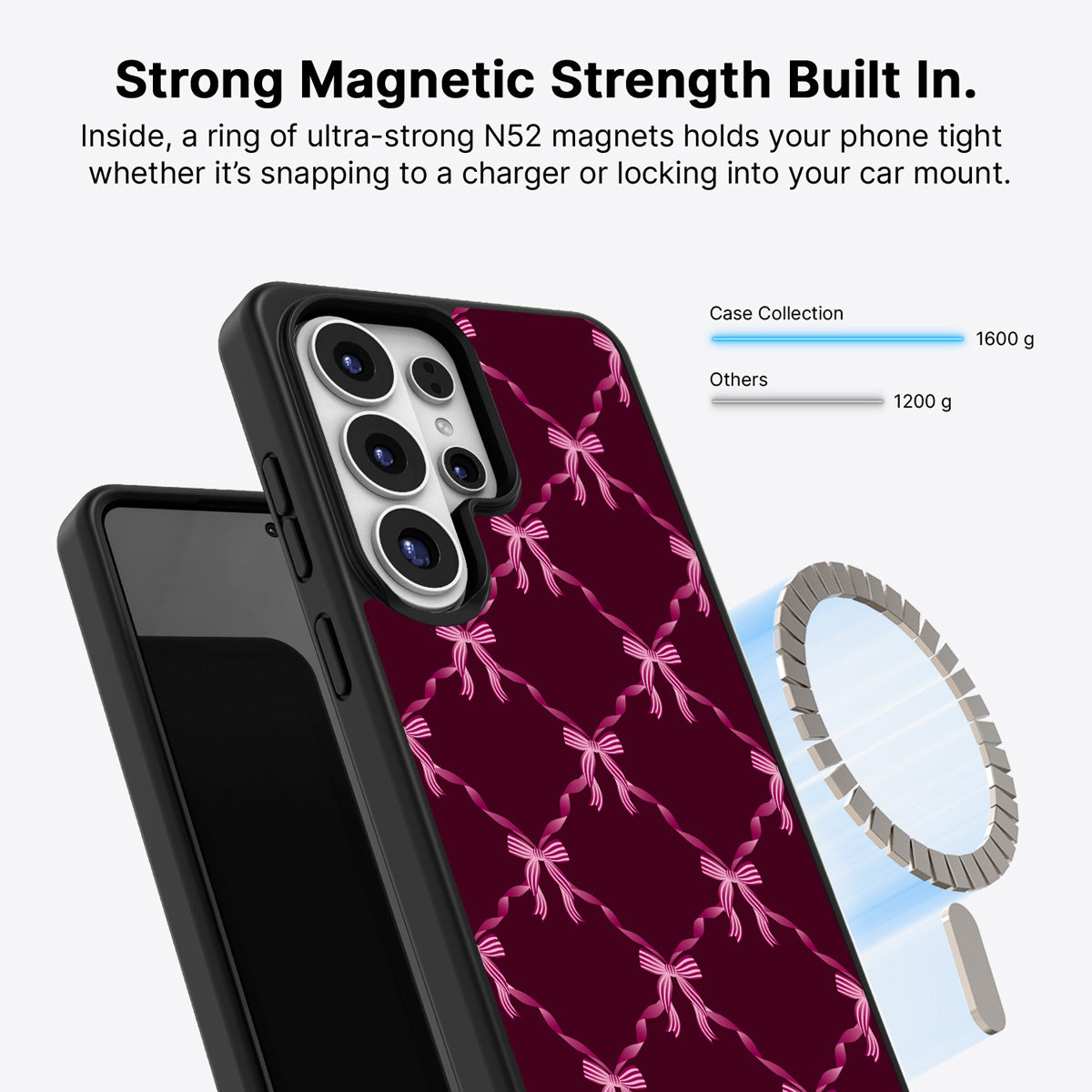 Samsung Galaxy S26 Ultra Qi2 magnetic case with N52 magnets – Bordeaux Bow design