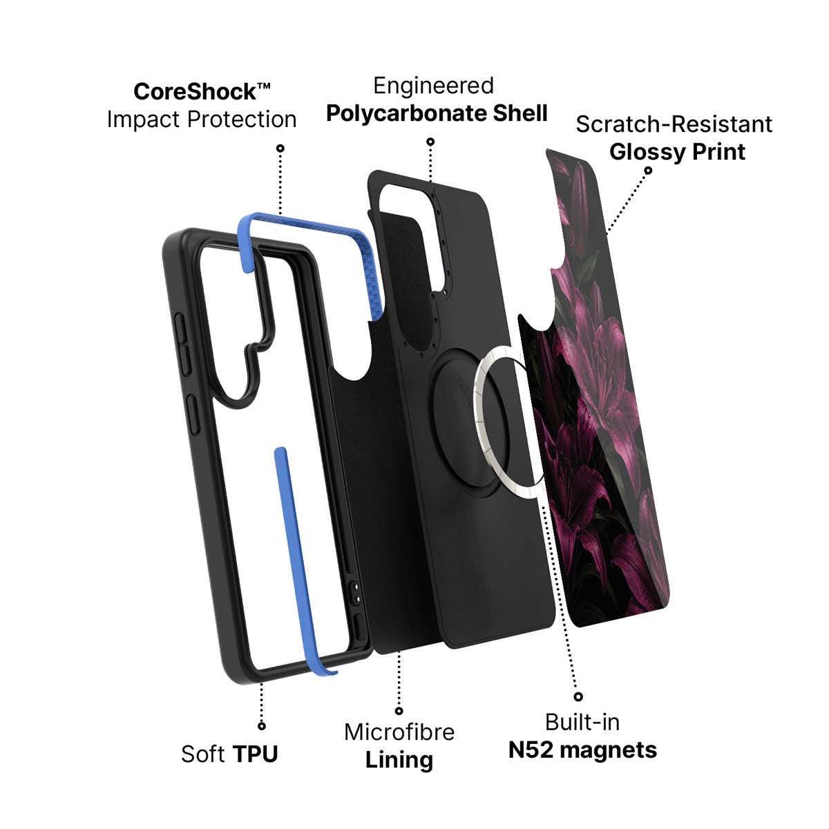 Samsung Galaxy S26 Ultra case construction and features – Burgundy Lily phone case